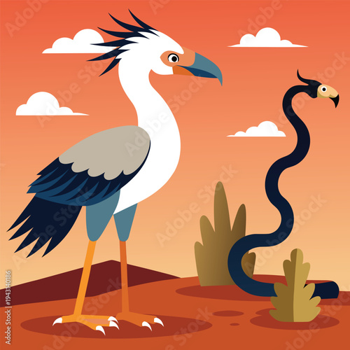 Secretary Bird Hunting Snake Vector