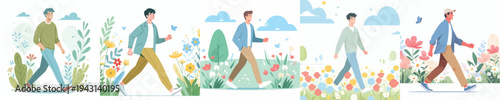 vector of a man walking happily in the park during spring