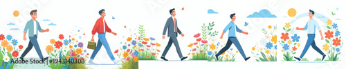 vector of a man walking happily in the park during spring