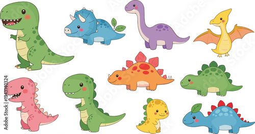 Kawaii Dinosaur Character Set Featuring T-Rex Triceratops and Stegosaurus for Children's Design