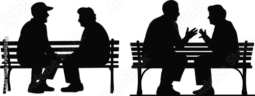 Black Silhouettes of Two Pairs of Elderly People Sitting on Benches Keywords: silhouette, elderly, people, seniors, couple