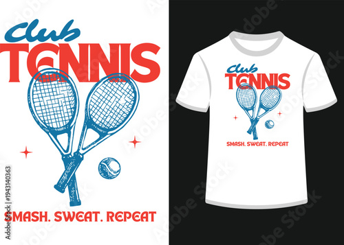 Crossed tennis rackets sketch with ball and motivational text for sports team branding and clothing graphics
