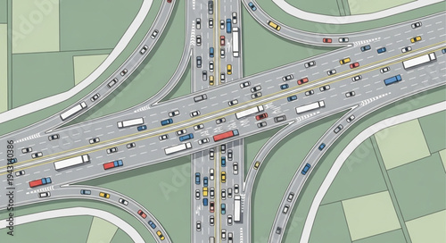 Aerial View of a Busy Highway Interchange with Traffic.