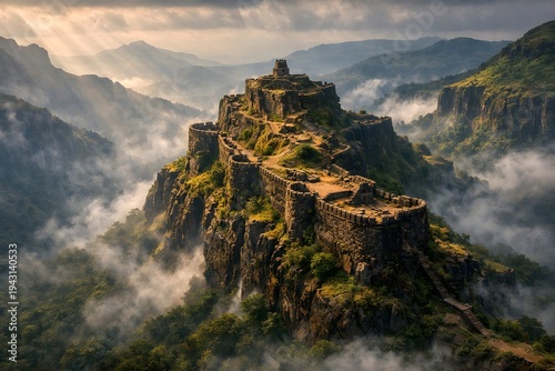 Ancient basalt rock fort walls standing dramatically above green valleys during misty sunrise in Sahyadri mountains Maharashtra