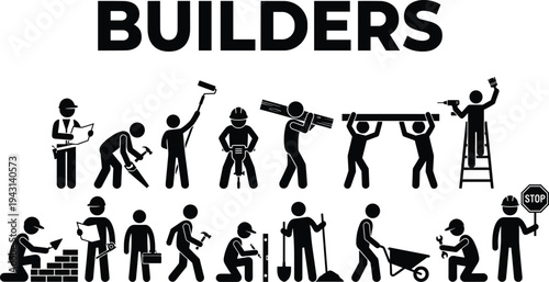 Black silhouette stick figure vector icons representing construction workers and builders doing manual labor tasks with various industrial hand tools