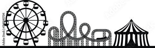 Amusement Park Skyline Silhouette with Ferris Wheel Roller Coaster and Carnival Circus Tent for Family Fun Fair Theme Park Entertainment Concept