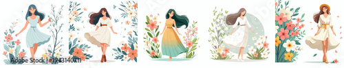 vector of a woman standing happily in the park during spring