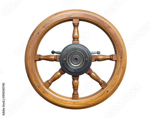 Wooden ship's wheel with dark metal hub on white