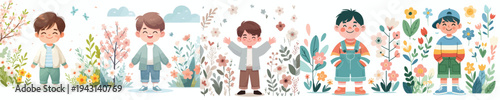 vector of a little boy standing happily in the park during spring