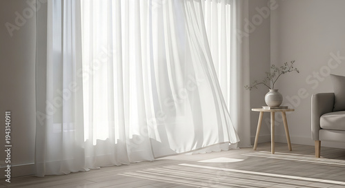 Modern interior design of an empty luxury room featuring a large window with elegant curtains over a polished wood floor in a light filled house