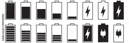 Black Battery Icon Set — Power and Battery Level Indicator Vector