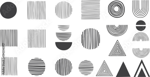 Hand drawn abstract minimal element mid century vector set. Aesthetic contemporary stripe line art, geometric shape in monochrome. Art form design for wall art, decoration, wallpaper