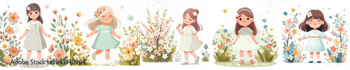 vector of a little girl standing happily in the park during spring