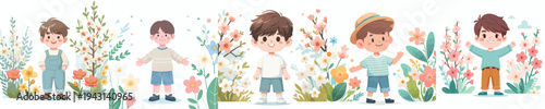 vector of a little boy standing happily in the park during spring
