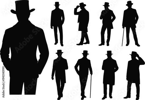 Collection of gentleman silhouettes in vintage attire with hats and canes retro
