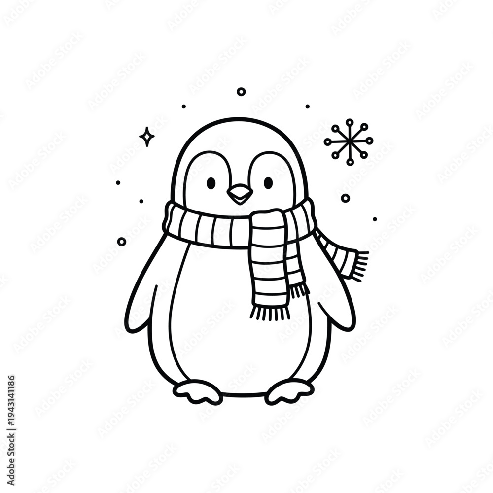 Obraz premium Cartoon Penguin With Scarf In Winter Scene.