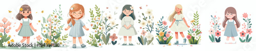 vector of a little girl standing happily in the park during spring