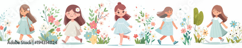 vector of a little girl walking happily in the park during spring