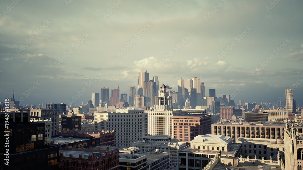 Fototapeta premium Sunlit city skyline with distant skyscrapers and clear blue sky, warm afternoon tones, construction cranes and brick warehouses, rooftop gardens and steady