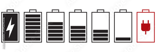 Black Battery Icon Set — Power and Battery Level Indicator Vector
