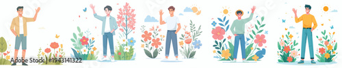 vector of a man standing happily waving hand in the park during spring