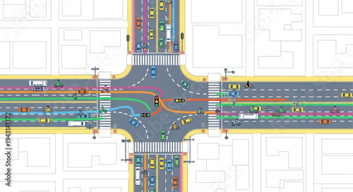 Detailed Intersection Design with Traffic Flow and Pedestrian Crossings.