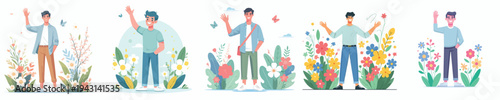 vector of a man standing happily waving hand in the park during spring
