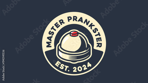 Master prankster logo with button, est 2024, playful, mischievous, humor, joke, prank, fun, unique identity, emblem, badge, established date, retro style