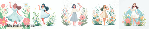 vector of a woman standing happily waving hand in the park during spring