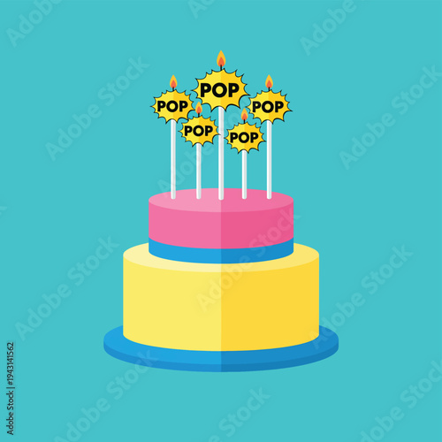 Birthday cake with five lit candles featuring speech bubbles that say "POP,"