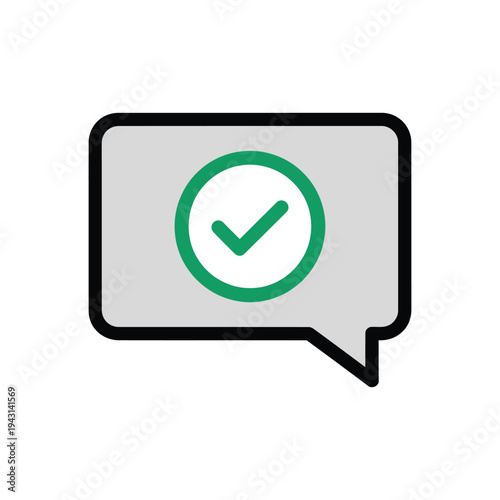 Verified speech bubble icon with green check mark.