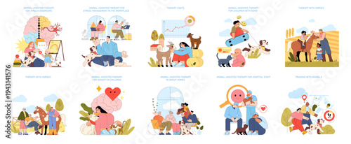 Animal-Assisted Therapy for Various Conditions Vector Set