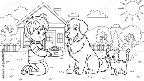 Boy feeding dog and cat in front of house, outdoor scene, coloring page style