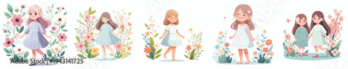 vector of a little girl standing happily in the park during spring