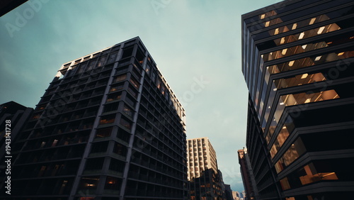 Φωτογραφία Low angle city skyscrapers at dusk with warm lit windows and narrow urban canyon
