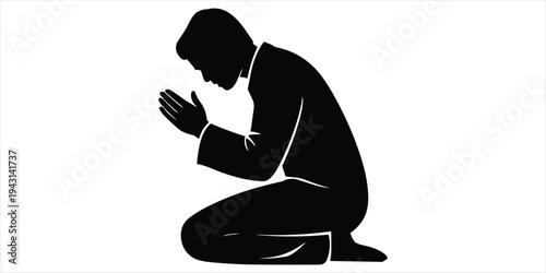 Silhouette of a man kneeling with hands together in prayer on white background Keywords: silhouette, man, kneeling, praying