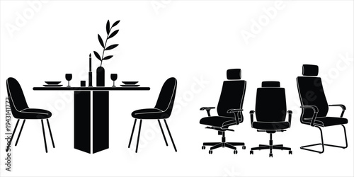Silhouette of Dining Table and Office Chairs on White Background Keywords: dining table, chairs, office chairs, furniture