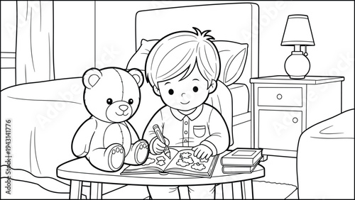 Child drawing with teddy bear, bedtime story, cozy bedroom