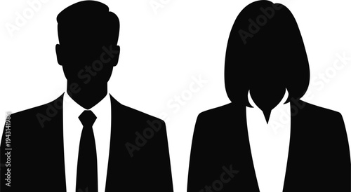 Silhouettes of a man and woman in business attire on white background Keywords: silhouette, man, woman, business, professional