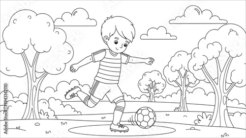 Boy playing soccer in a park, outline drawing, coloring page