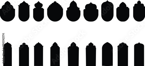 Islamic Old mosque windows shape in oriental style islamic door icon set . Ramadan kareem silhouette icon. Mosque gate element geometric frame. Islamic arabesque pattern. Arabian muslim shape arch.