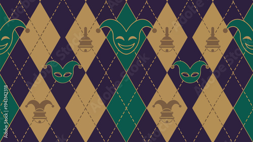 Mardi Gras seamless pattern with argyle background jester mask and bells, carnival party decoration background design element