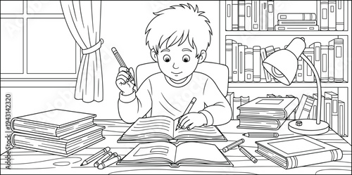 Young boy studying at desk with books, lamp, and pencils, illustration