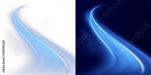 Futuristic luminous blue ribbon of light, neon swirl trail, glowing motion overlay PNG.