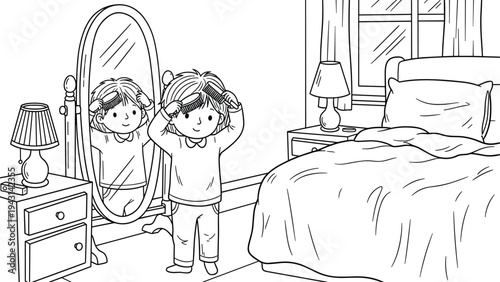 Child brushing hair in front of mirror in bedroom, line art illustration