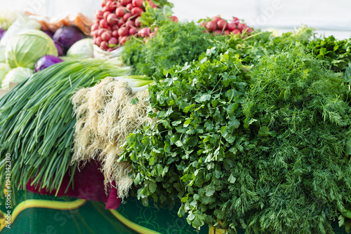Abundant fresh greens at traditional oriental market stall, closeup. Large bunches of dill, coriander, parsley, spring onions, red radishes in pyramid, cilantro. Samarkand Siab  market, Uzbekistan.