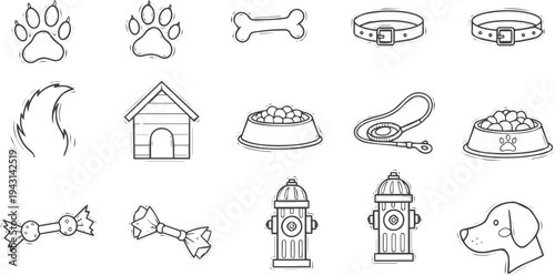 Hand drawn black and white doodle icons featuring various pet and dog themed elements like a paw print, bone, collar, and wagging tail in a simple, minimalist sketch style illustration set