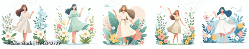 vector of a woman standing happily waving hand in the park during spring