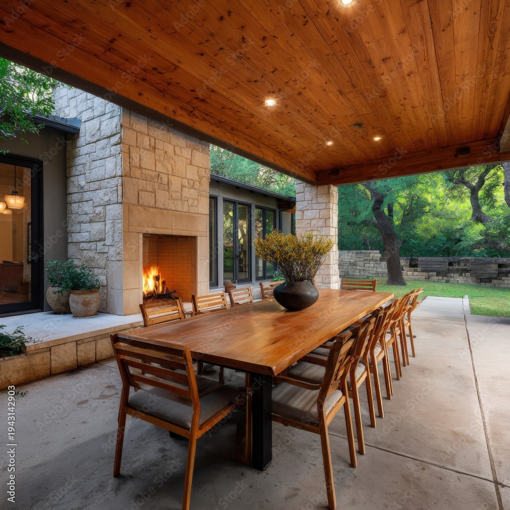 Naklejka premium Covered outdoor dining area wooden ceiling stone fireplace long wooden table and chairs overlooking lush garden patio with potted plants and ambient lighting