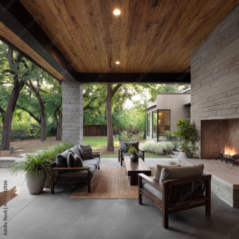 Fototapeta premium Modern covered patio with wooden ceiling fireplace and cozy outdoor seating overlooking lush garden